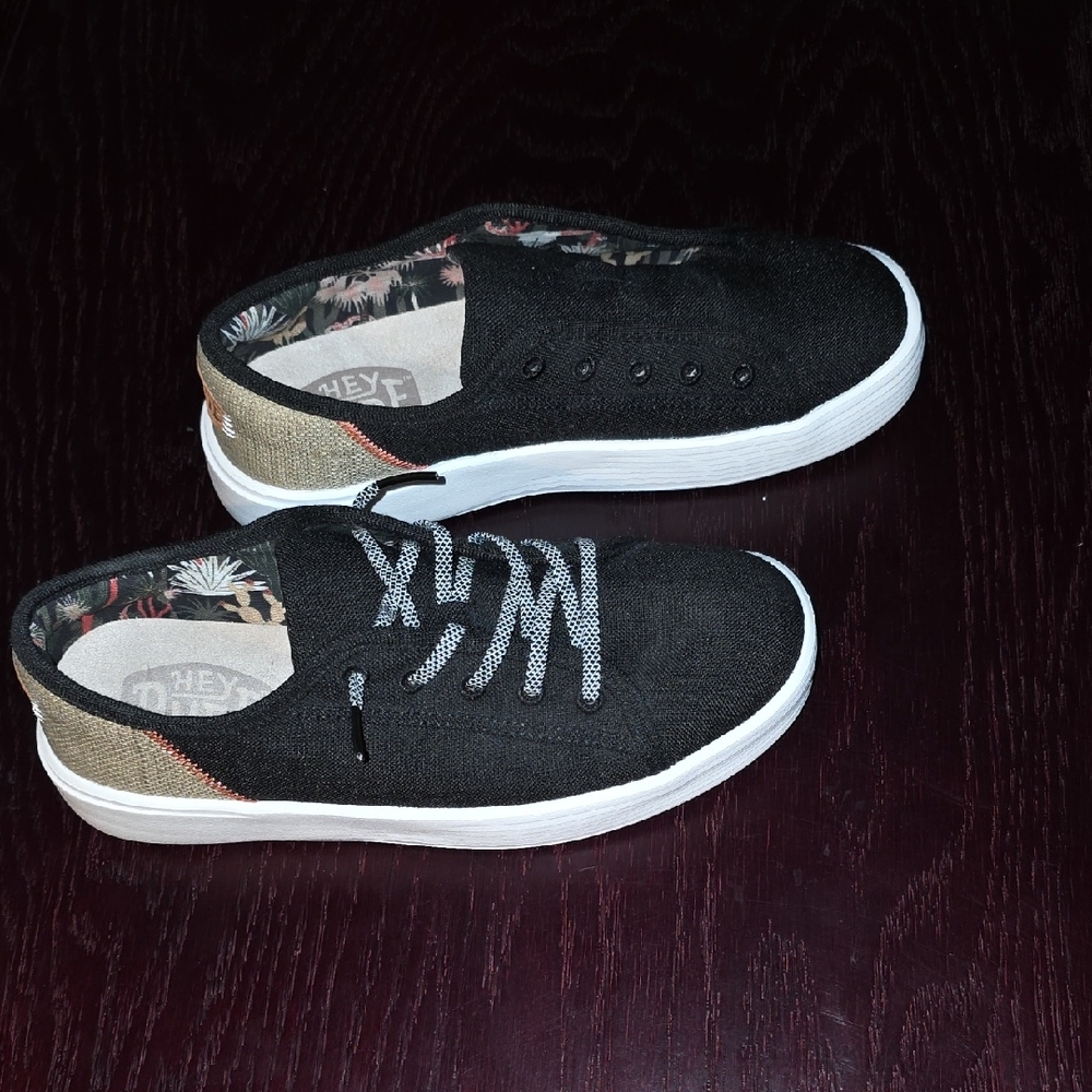 Hey Dude Black Canvas Sneakers with White Soles